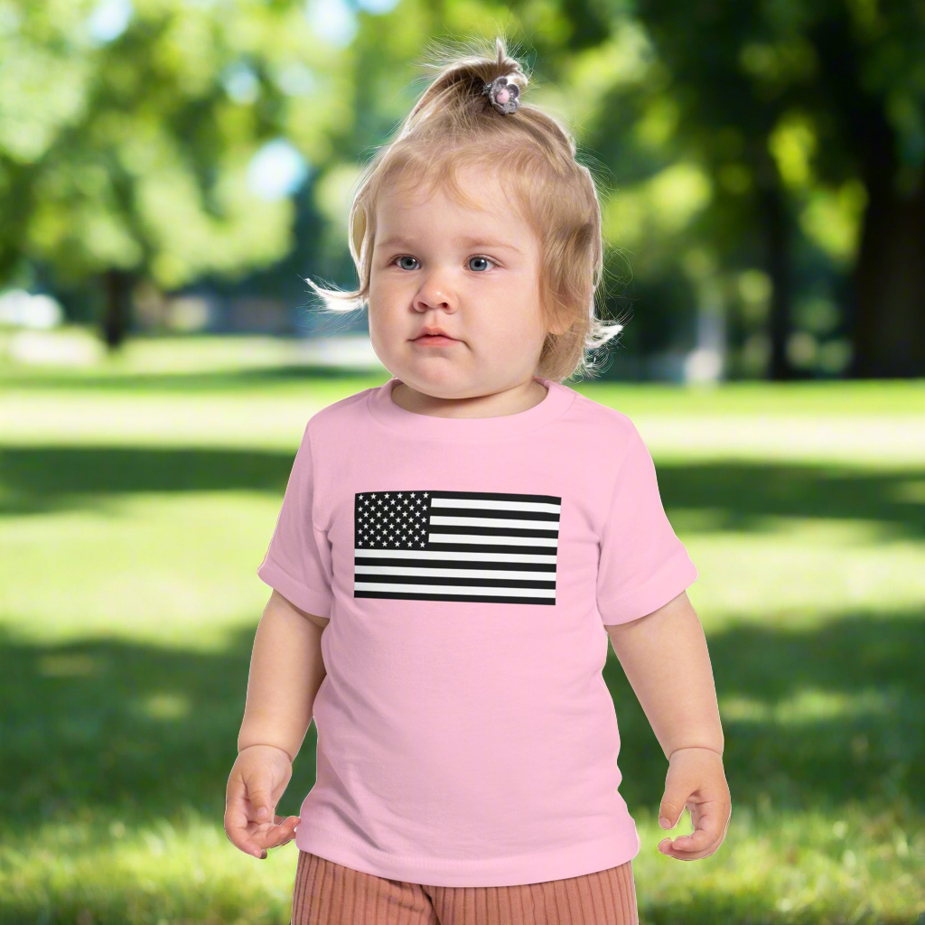 Infant American Flag Short Sleeve T-Shirt available in sizes 3-6 months to 18-24 months.