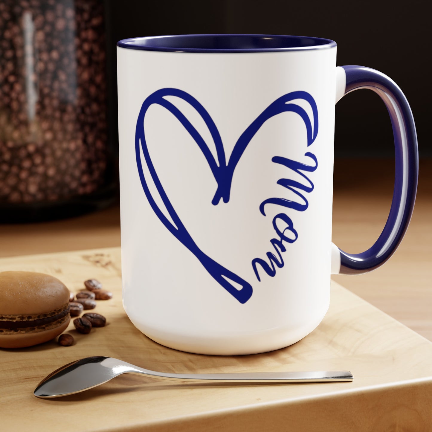 Mom in heart coffee or tea mug with blue handle