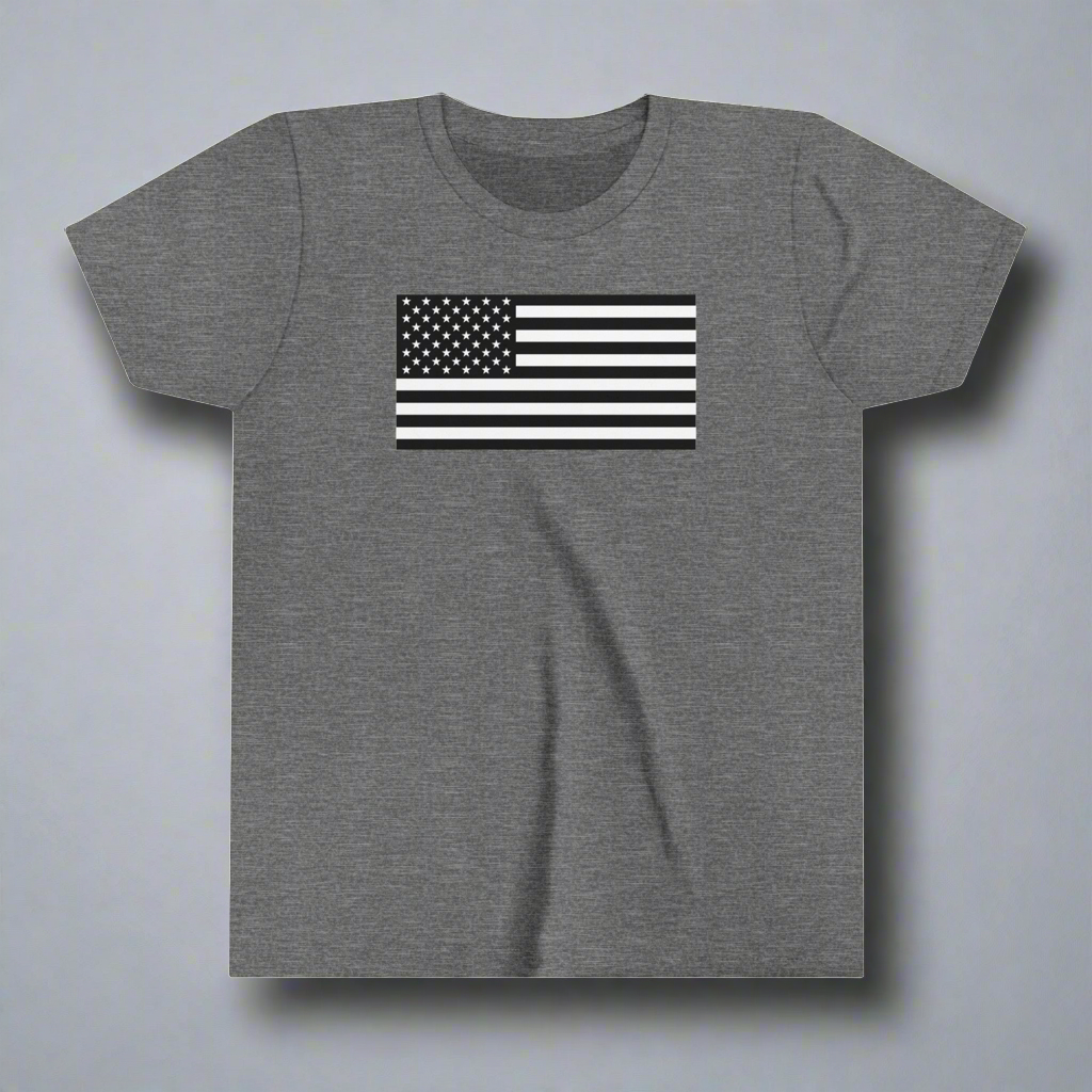 Youth American Flag T-shirt. Available in five colors with sizes ranging from S to XL.