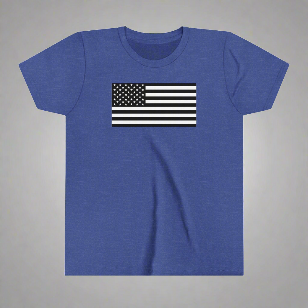 Youth American Flag T-shirt. Available in five colors with sizes ranging from S to XL.