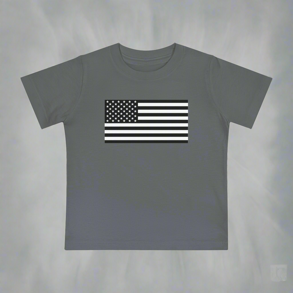 Infant American Flag Short Sleeve T-Shirt available in sizes 3-6 months to 18-24 months.