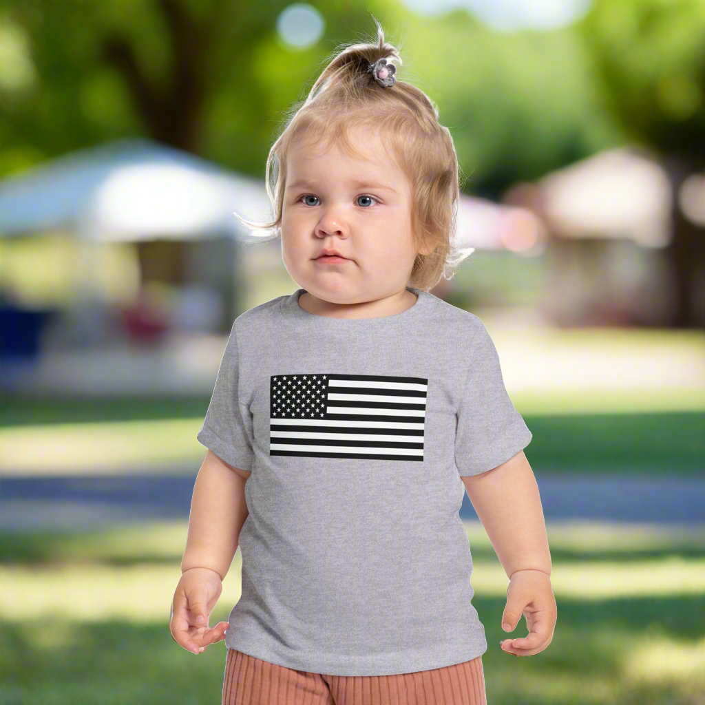 Infant American Flag Short Sleeve T-Shirt available in sizes 3-6 months to 18-24 months.