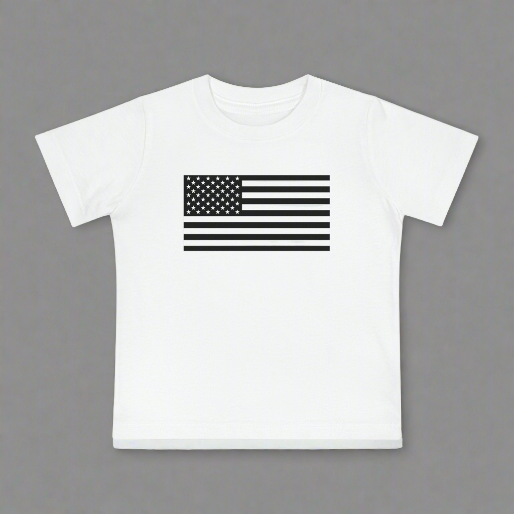 Infant American Flag Short Sleeve T-Shirt available in sizes 3-6 months to 18-24 months.