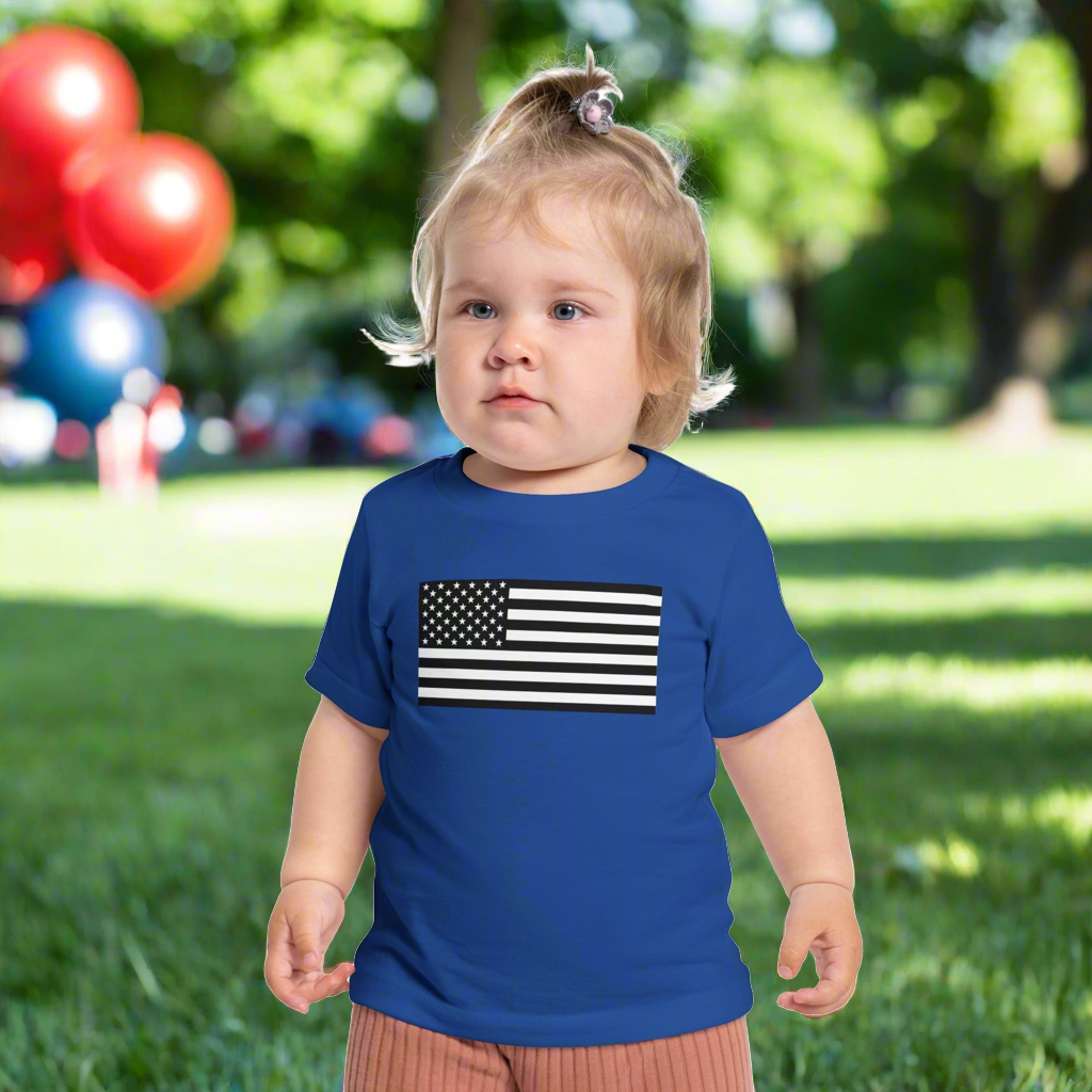 Infant American Flag Short Sleeve T-Shirt available in sizes 3-6 months to 18-24 months.