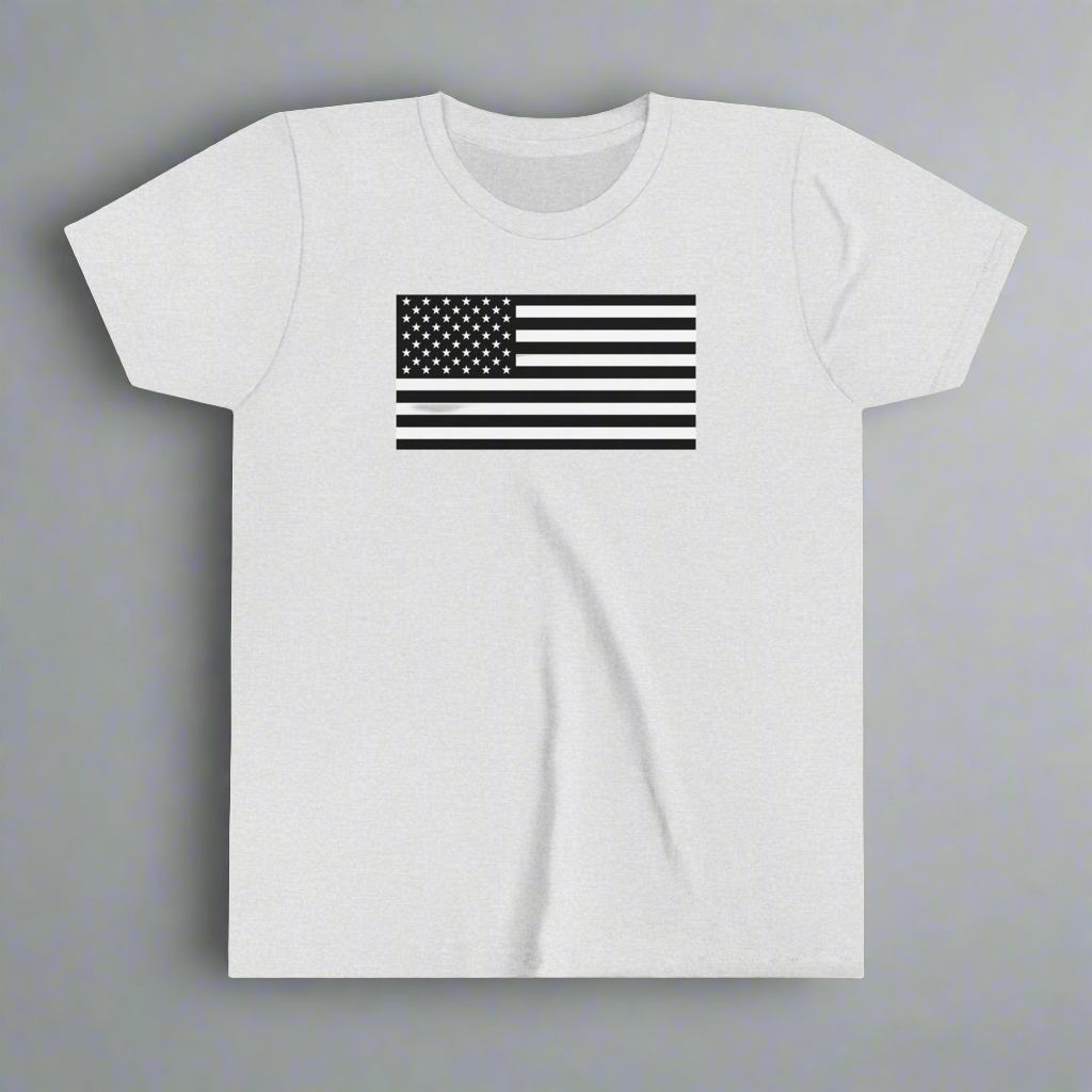 Youth American Flag T-shirt. Available in five colors with sizes ranging from S to XL.