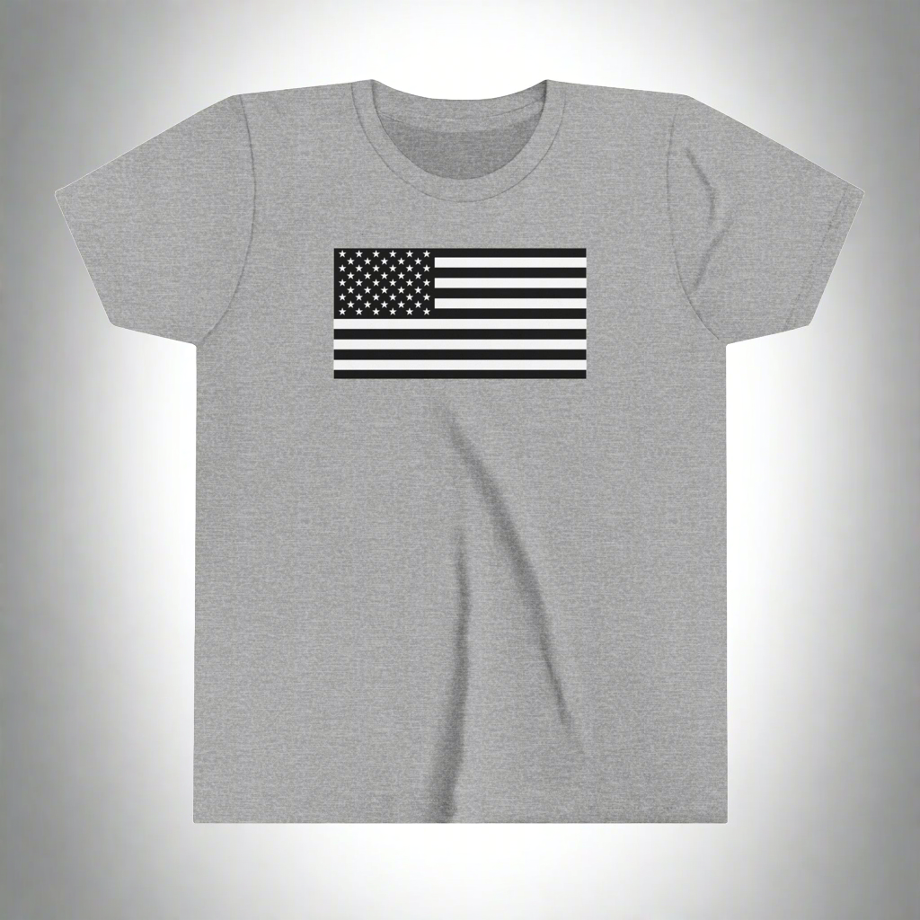 Youth American Flag T-shirt. Available in five colors with sizes ranging from S to XL.