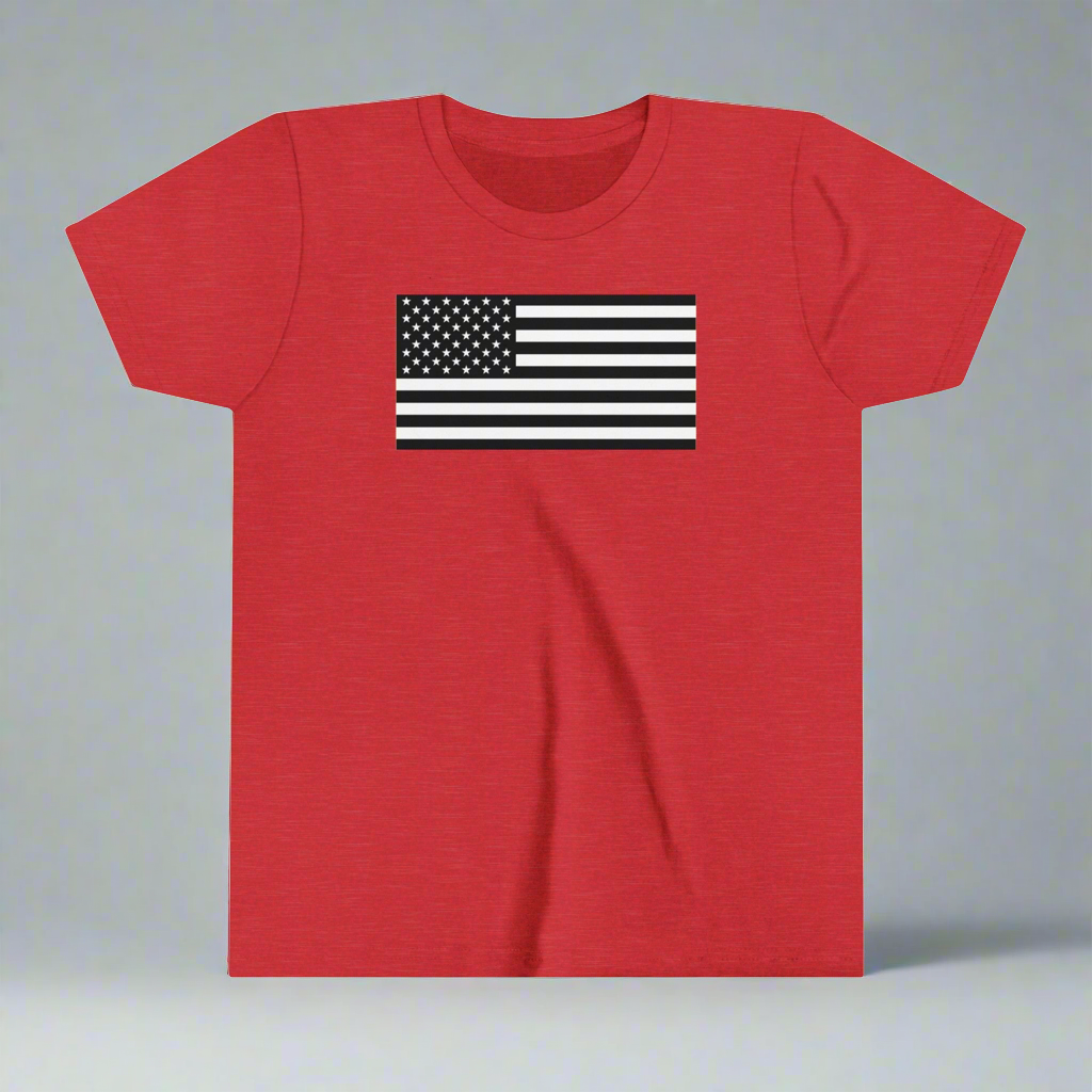 Youth American Flag T-shirt. Available in five colors with sizes ranging from S to XL.