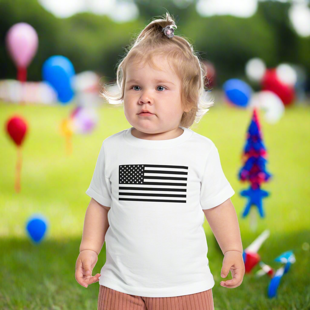 Infant American Flag Short Sleeve T-Shirt available in sizes 3-6 months to 18-24 months.