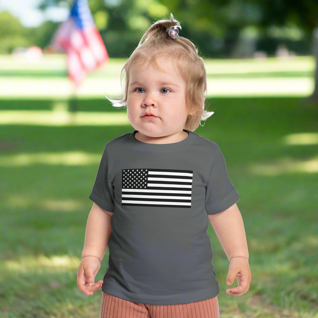 Infant American Flag Short Sleeve T-Shirt available in sizes 3-6 months to 18-24 months.