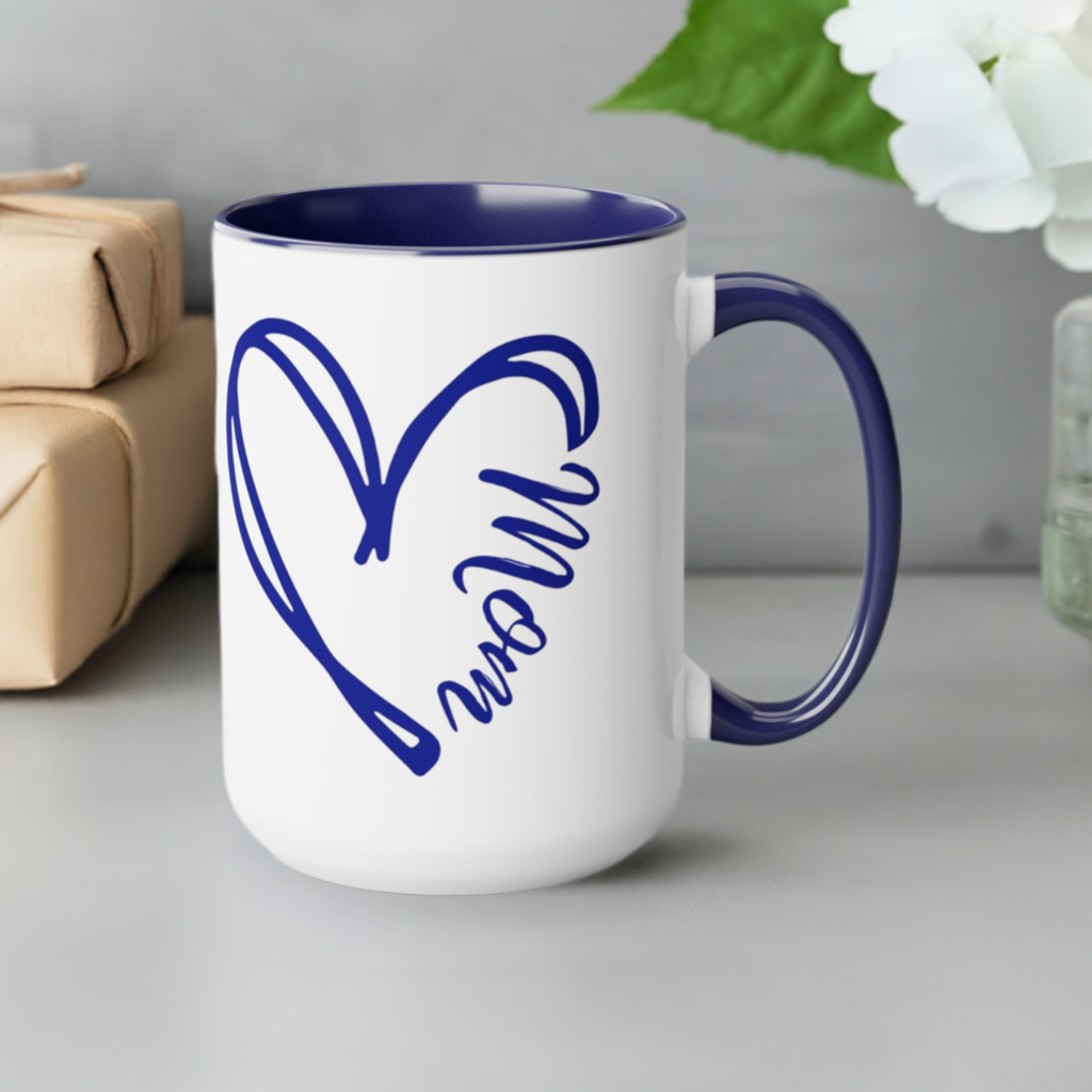 Mom in heart coffee or tea mug with blue handle