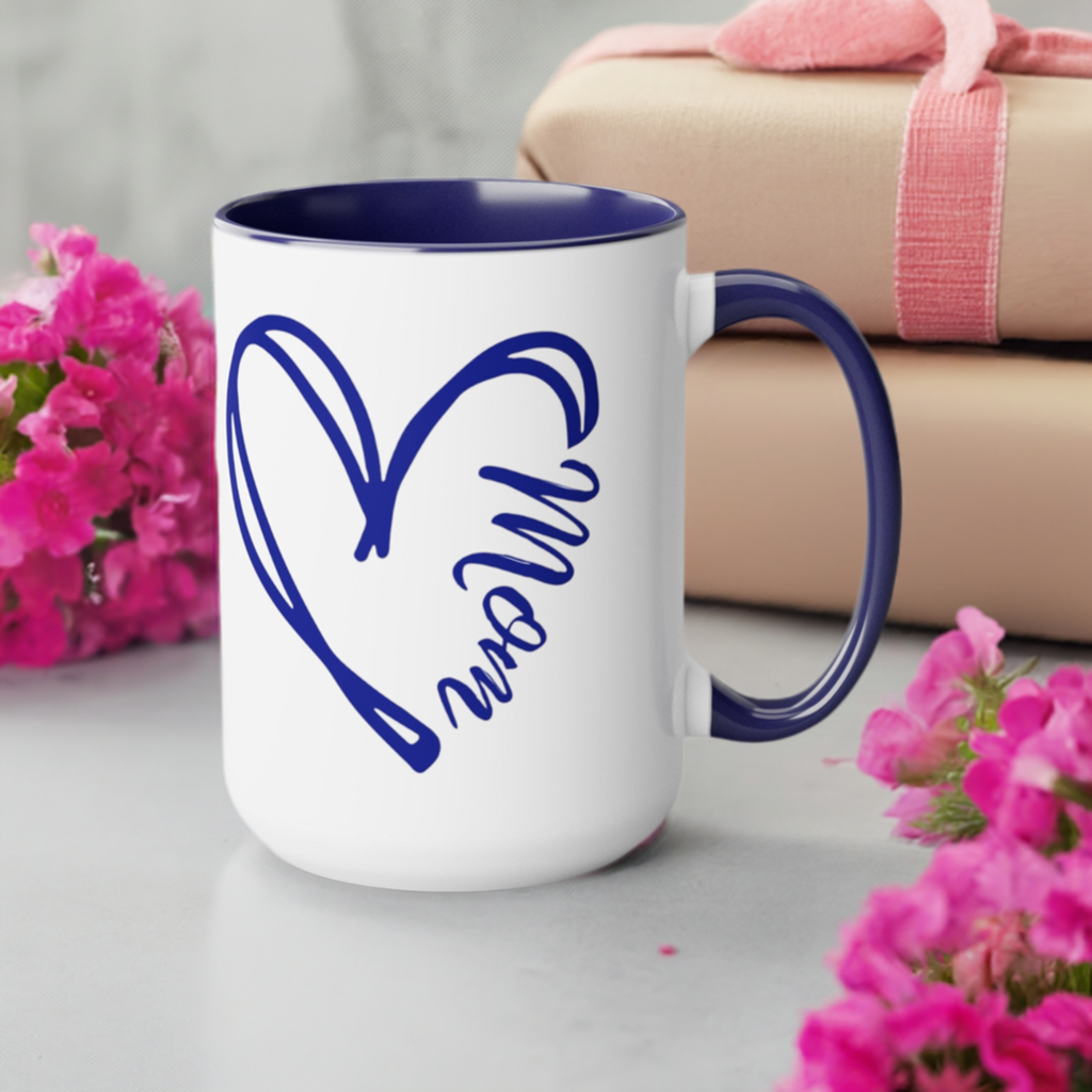 Mom in heart coffee or tea mug with blue handle