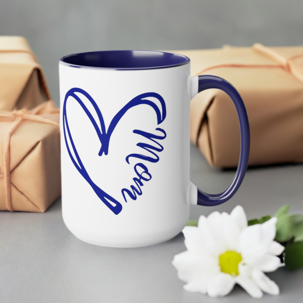 Mom in heart coffee or tea mug with blue handle